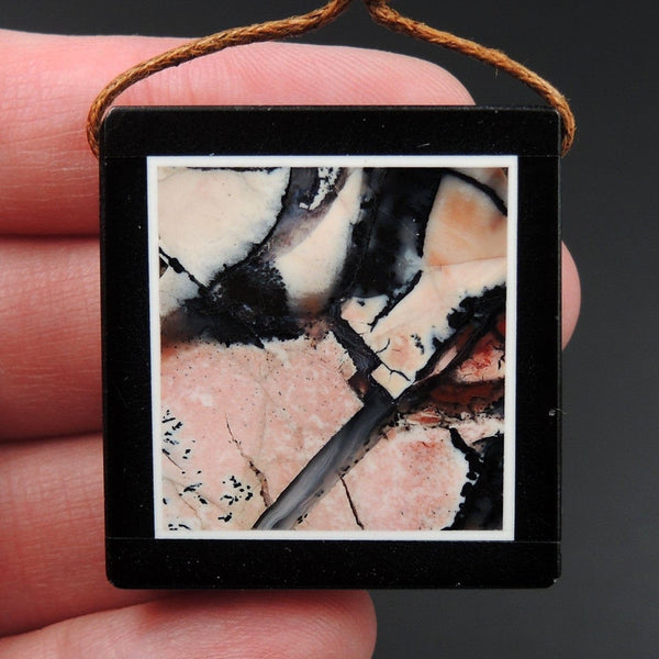 Intarsia Pendant Natural Tiffany Stone W Black Onyx Inlay Side Drilled Square Pendant Picture Frame Unusual Pink Tiffany Stone P1811