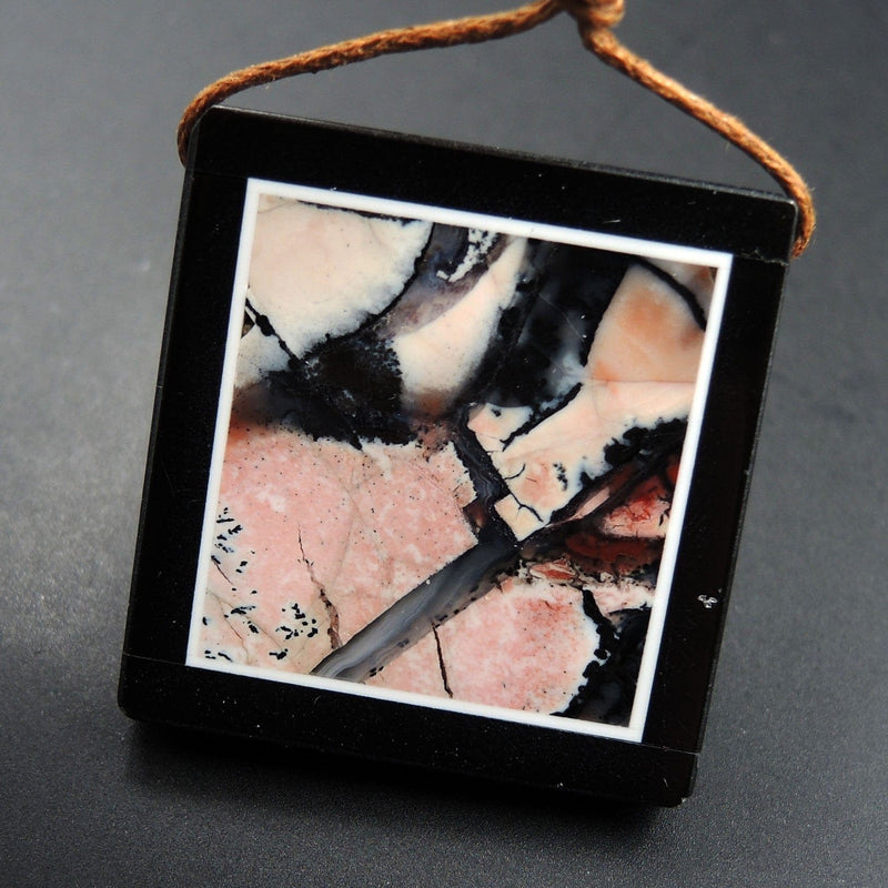 Intarsia Pendant Natural Tiffany Stone W Black Onyx Inlay Side Drilled Square Pendant Picture Frame Unusual Pink Tiffany Stone P1811