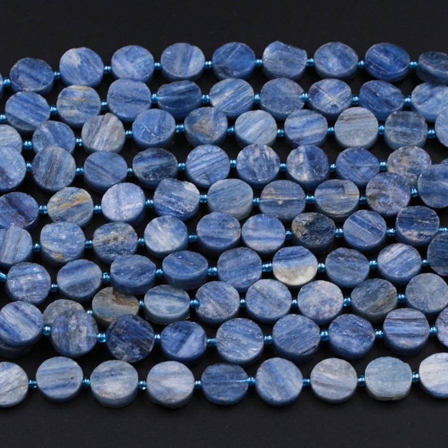 Kyanite Coin Beads Raw Organic Natural Blue Kyanite Coin Beads Vertically Drilled Rough Cut Coin 16" Strand