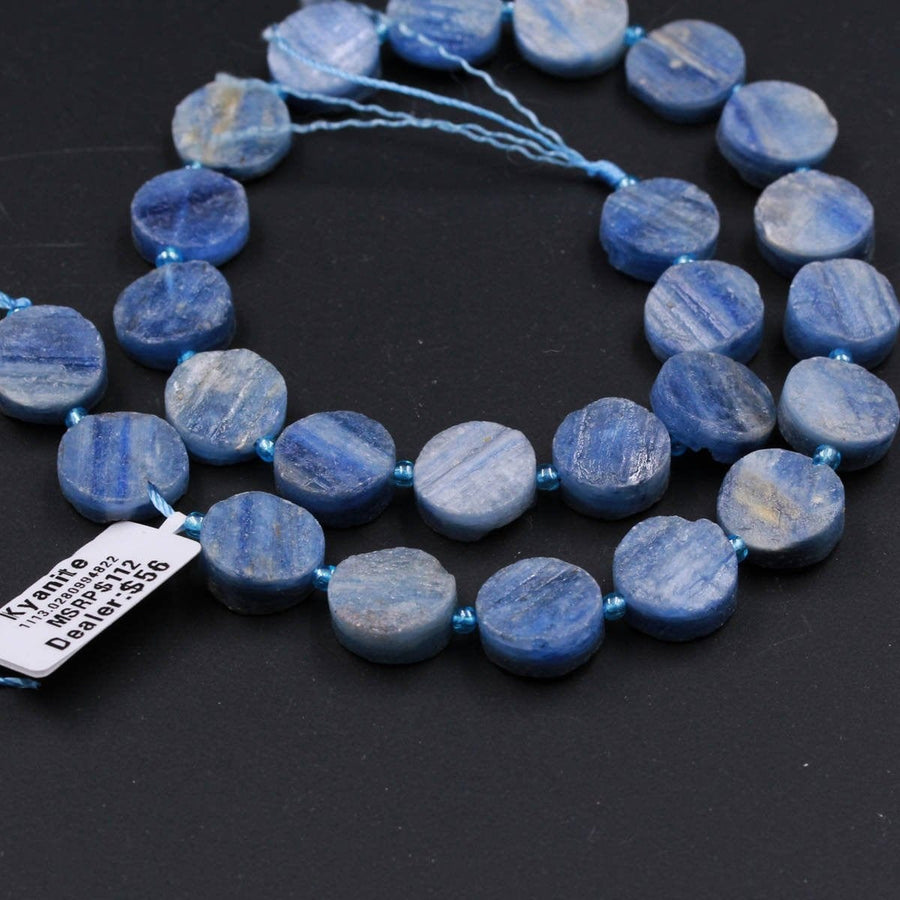 Kyanite Coin Beads Raw Organic Natural Blue Kyanite Coin Beads Vertically Drilled Rough Cut Coin 16" Strand