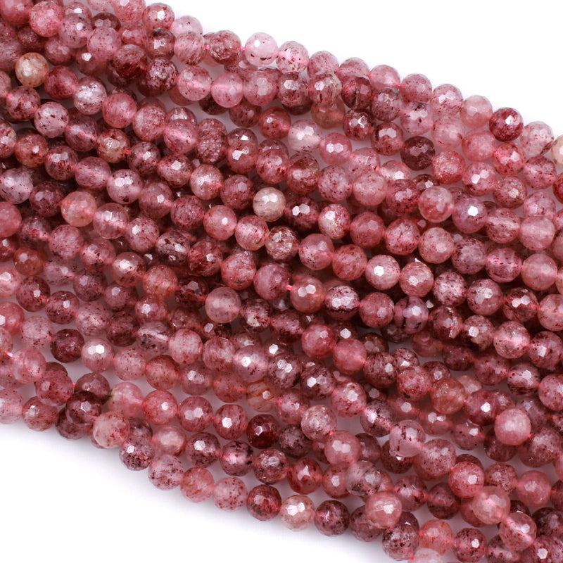 Micro Faceted Natural Red Pink Strawberry Quartz 7mm 8mm Round Beads AA Laser Diamond Cut Sparkling Gemstone 16" Strand