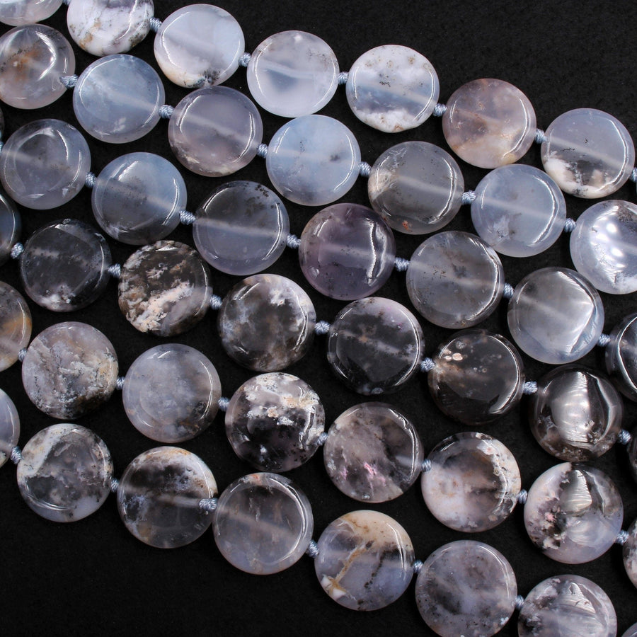 Natural Dendritic Angel Chalcedony Beads Large Coin Circle Smooth Beads 25mm Translucent Smoky Gray Gemstone 16" Strand