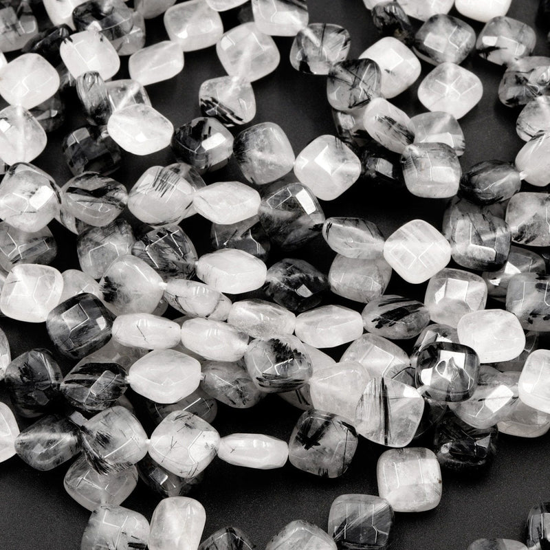 Black Rutilated Quartz Beads Faceted Diamond Kite Square 8mm Natural Black Tourmaline Rutile Quartz Semi Precious Gemstone 16" Strand