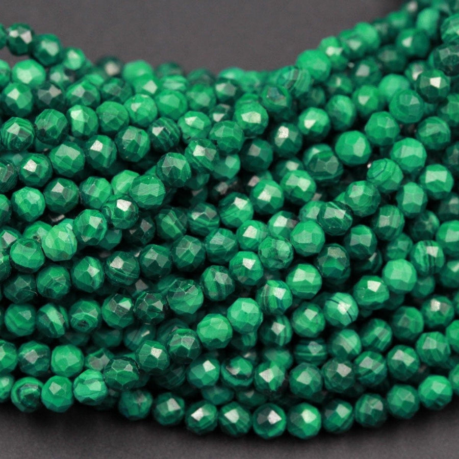 Micro Faceted Small Real Genuine Natural Green Malachite Round Beads 4mm Faceted Round Beads Laser Diamond Cut Gemstone 16" Strand