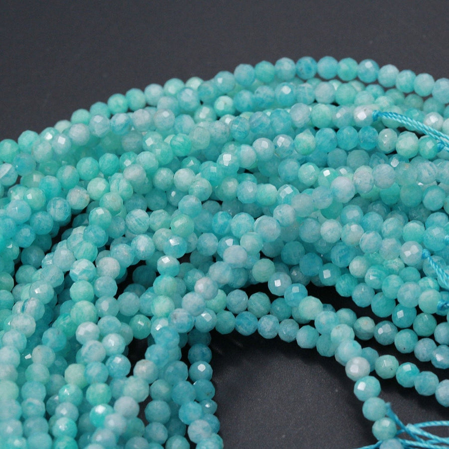 Peruvian Amazonite Round Beads 4mm Faceted Round Beads Stunning Natural Sea Blue Green Gemstone Micro Faceted Laser Diamond Cut 16" Strand