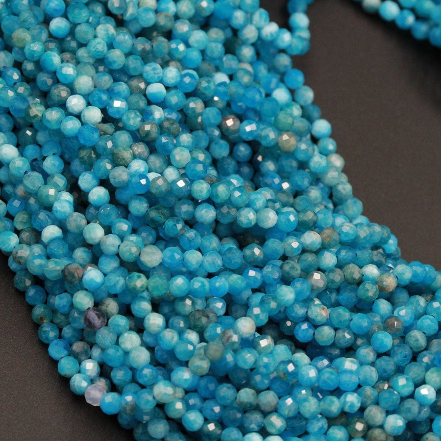 Micro Faceted Small Natural Blue Apatite Round Beads 2mm Faceted 3mm Faceted 4mm 5mm Round Beads Laser Diamond Cut Gemstone 16" Strand
