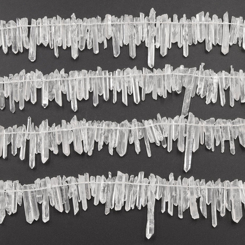 Raw Rough Matte Rock Crystal Quartz Beads Points Tips Top Side Drilled Natural Quartz Crystal Thin Fine Small Sticks Spikes 16" Strand