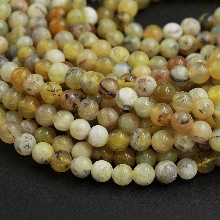 Natural African Yellow Opal Beads Dendritic Opal 6mm Round Beads Real Genuine Milky Yellow Opal Gemstone Black Dendritic Pattern 16" Strand