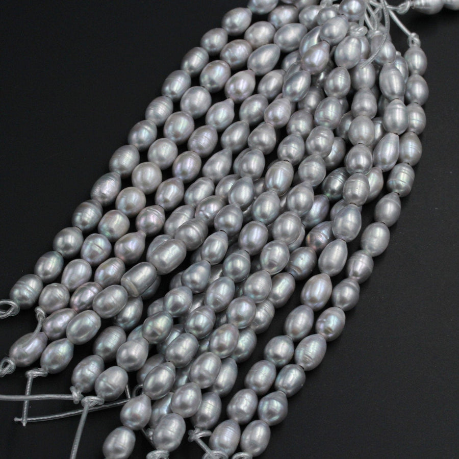 Large Hole Pearls Beads Silver Genuine Freshwater Pearl 12mm Large Potato Oval Rice Pearl Shimmery Gray Silver Big 2.5mm Hole 8" Strand
