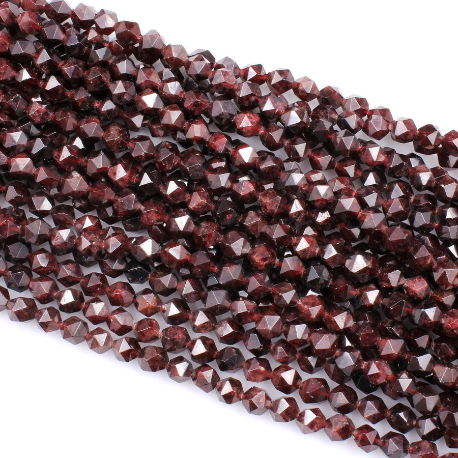 AA Natural Red Garnet Gemstone Beads Faceted 6mm 8mm 10mm Round Star Cut High Quality Laser Diamond Cut Gemstone 16" Strand