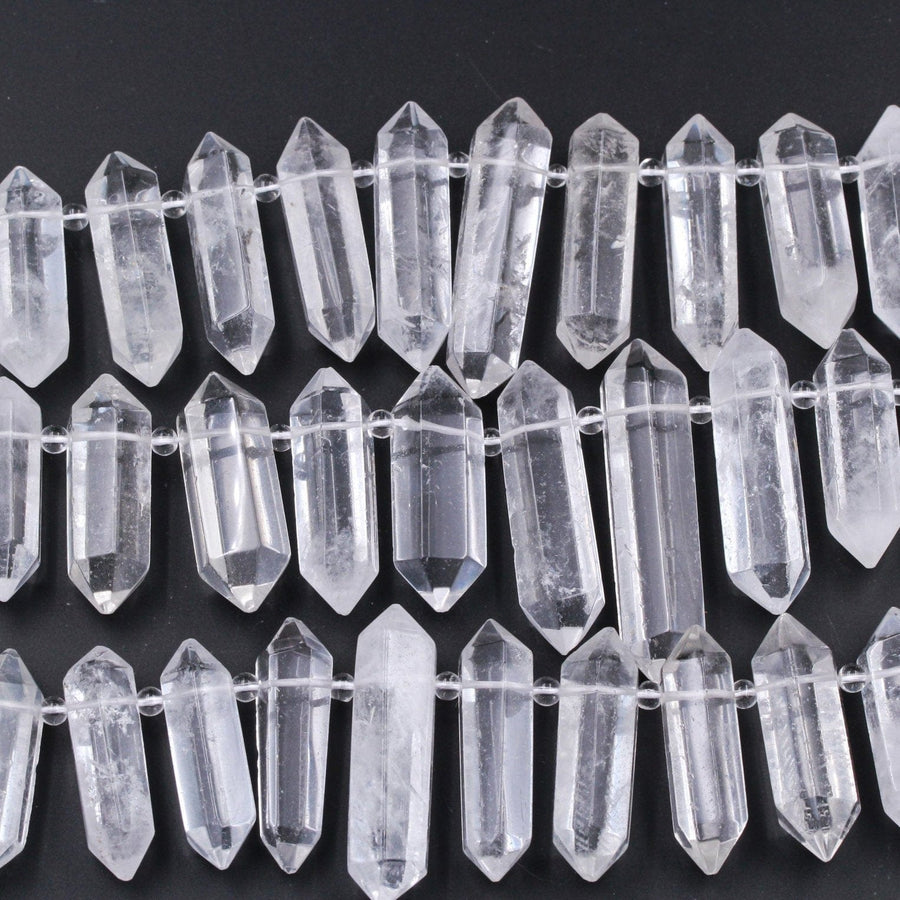 Rock Crystal Quartz Beads Faceted Double Terminated Pointed Large Top Side Drilled Healing Natural Quartz Focal Pendant Bead 16" Strand