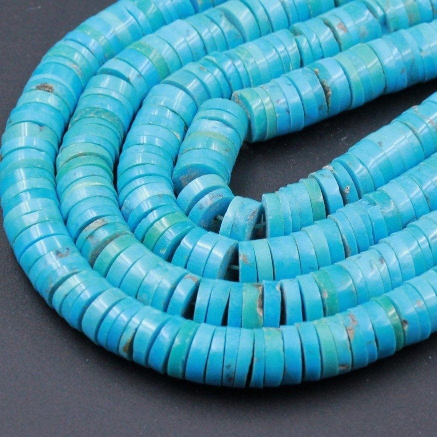 Genuine 100% Natural Arizona Turquoise Heishi Beads 6mm 8mm Thin Rondelle Genuine Bright Blue Turquoise Beads Center Drilled Full 16" Strand