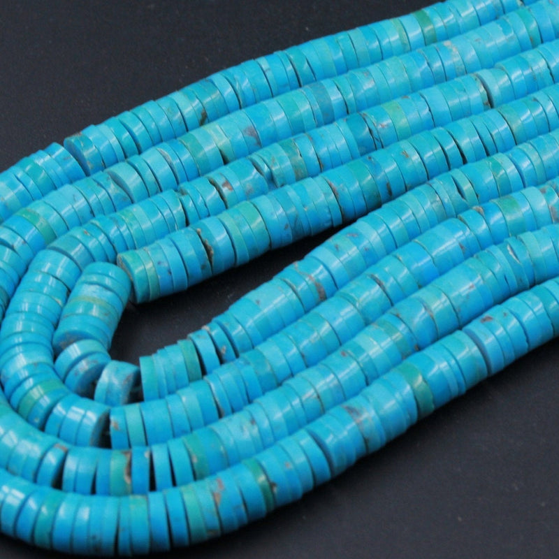 Genuine 100% Natural Arizona Turquoise Heishi Beads 6mm 8mm Thin Rondelle Genuine Bright Blue Turquoise Beads Center Drilled Full 16" Strand