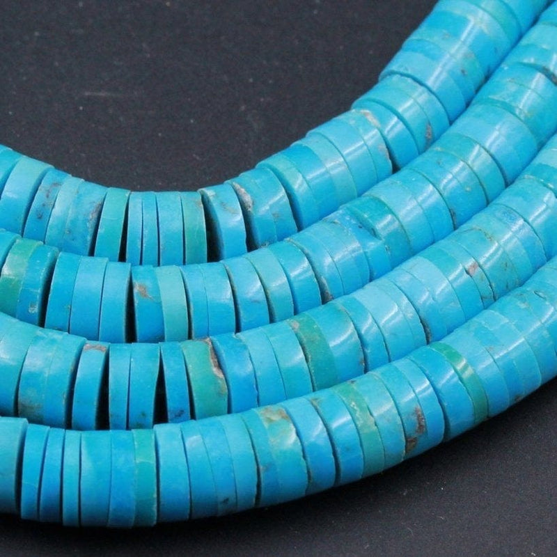 Genuine 100% Natural Arizona Turquoise Heishi Beads 6mm 8mm Thin Rondelle Genuine Bright Blue Turquoise Beads Center Drilled Full 16" Strand