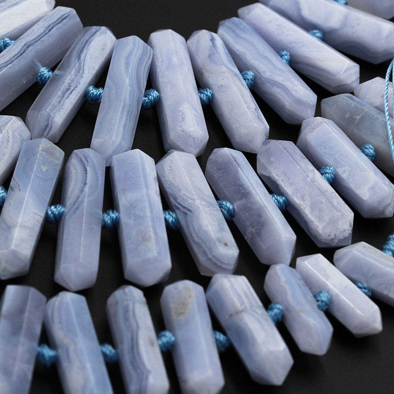 Natural Blue Lace Agate Faceted Double Terminated Pointed Beads Side Center Drilled Large Healing Crystal Focal Hexagon Pendant 16" Strand