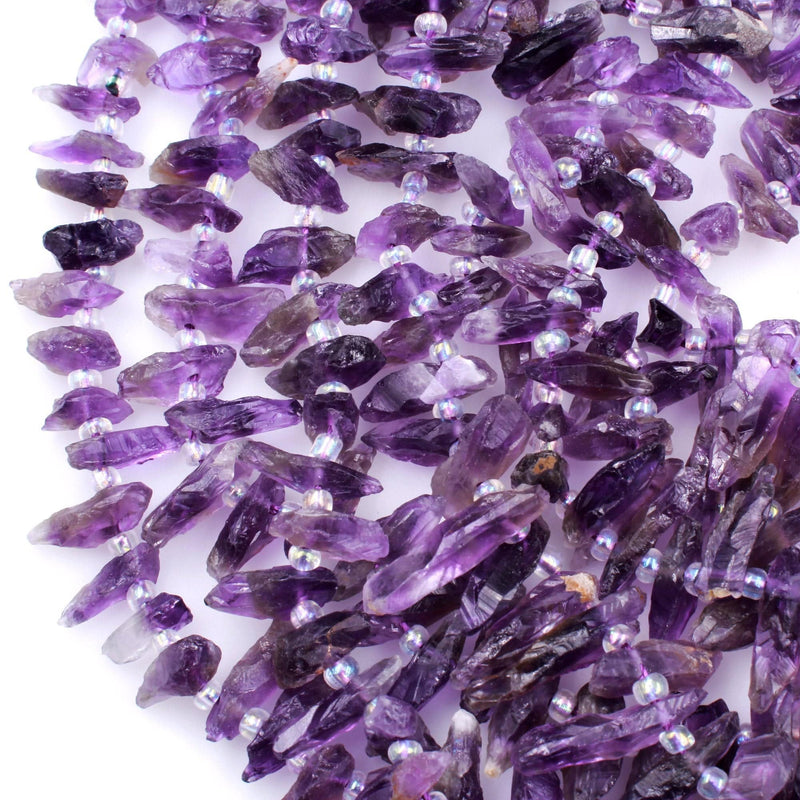 Raw Natural Amethyst Beads Thin Small Fine Point Tip Freeform Spear Rough Organic Purple Amethyst Crystal Gemstone 16" Strand
