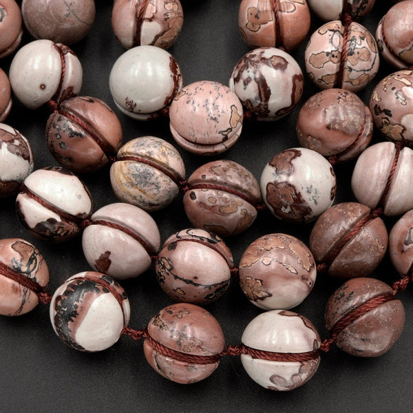 Carved Picture Jasper Beads 12mm Etched Lines Natural Multi-color Artistic Stone 16" Strand