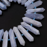 Natural Blue Lace Agate Faceted Double Terminated Pointed Beads Side Center Drilled Large Healing Crystal Focal Hexagon Pendant 16" Strand