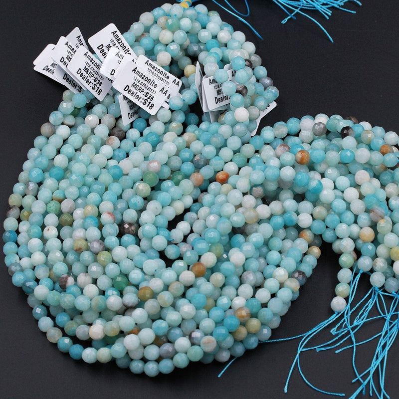 Natural Amazonite Faceted 6mm Round Beads Dazzling Facets Bright Blue Green Amazonite AA Grade High Quality 16" Strand