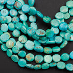 Natural American Turquoise Beads Thin Flat Coin 9mm 10mm Real Genuine Stunning Soft Blue Green Gemstone 16" Strand