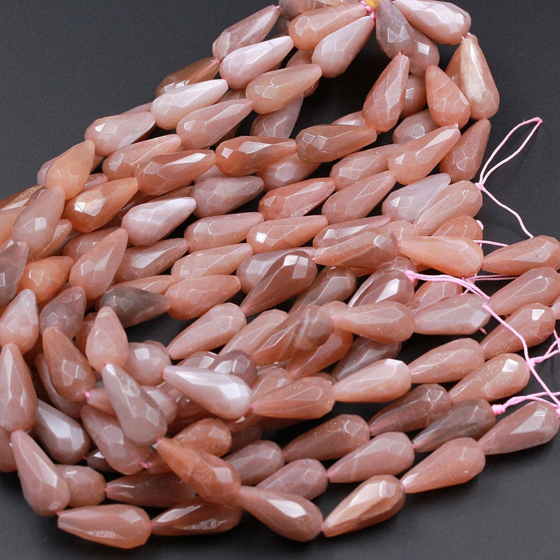 Gorgeous Faceted Natural Peach Moonstone Beads Long Faceted Teardrop Shimmering Chatoyant Moonstone Focal Bead High Quality 16" Strand