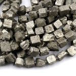 Large Chunky Rough Raw Natural Pyrite Crystal Freeform Dice Cube Square Beads Nugget Sparkling Pyrite Natural Gemstone Beads 16" Strand