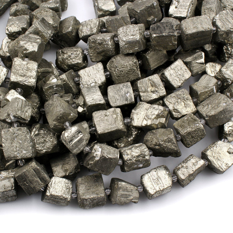 Large Chunky Rough Raw Natural Pyrite Crystal Freeform Dice Cube Square Beads Nugget Sparkling Pyrite Natural Gemstone Beads 16" Strand