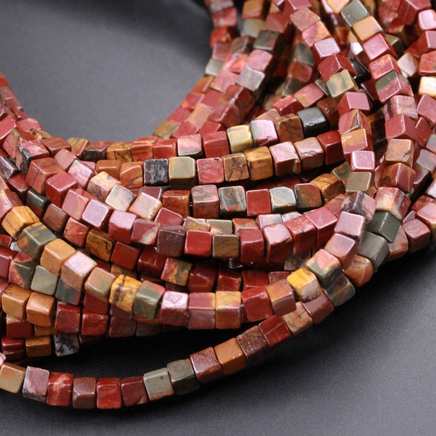 Red Creek Jasper Bead 4mm Square Dice Beads Earthy Red Green Yellow Brown Natural Cherry Creek Multicolor Picasso Jasper Earring 16" Strand