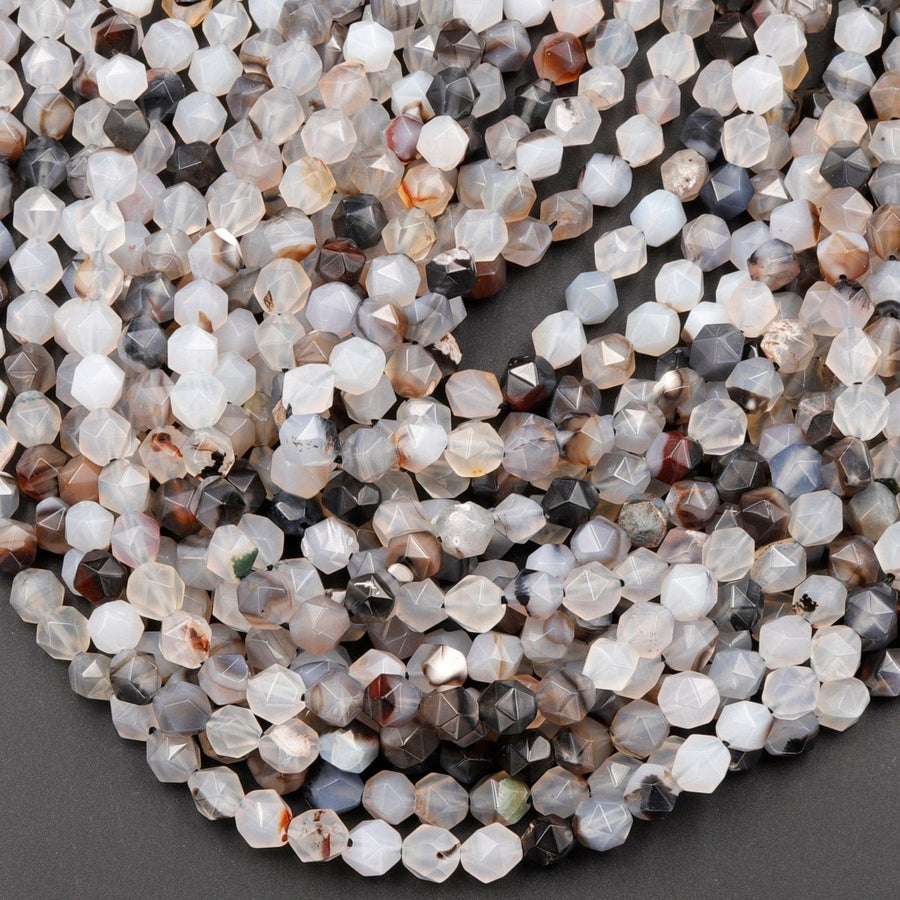 Star Cut Natural Montana Agate Beads Faceted 8mm Rounded Nugget Sharp Facets White Black Agate 15" Strand