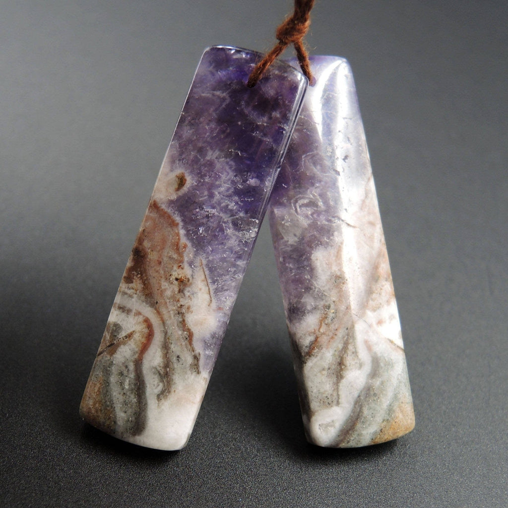 Natural Chevron Amethyst Earring Pair Rectangle Cabochon Cab Pair Drilled Matched Earrings Bead Pair Stone E1232