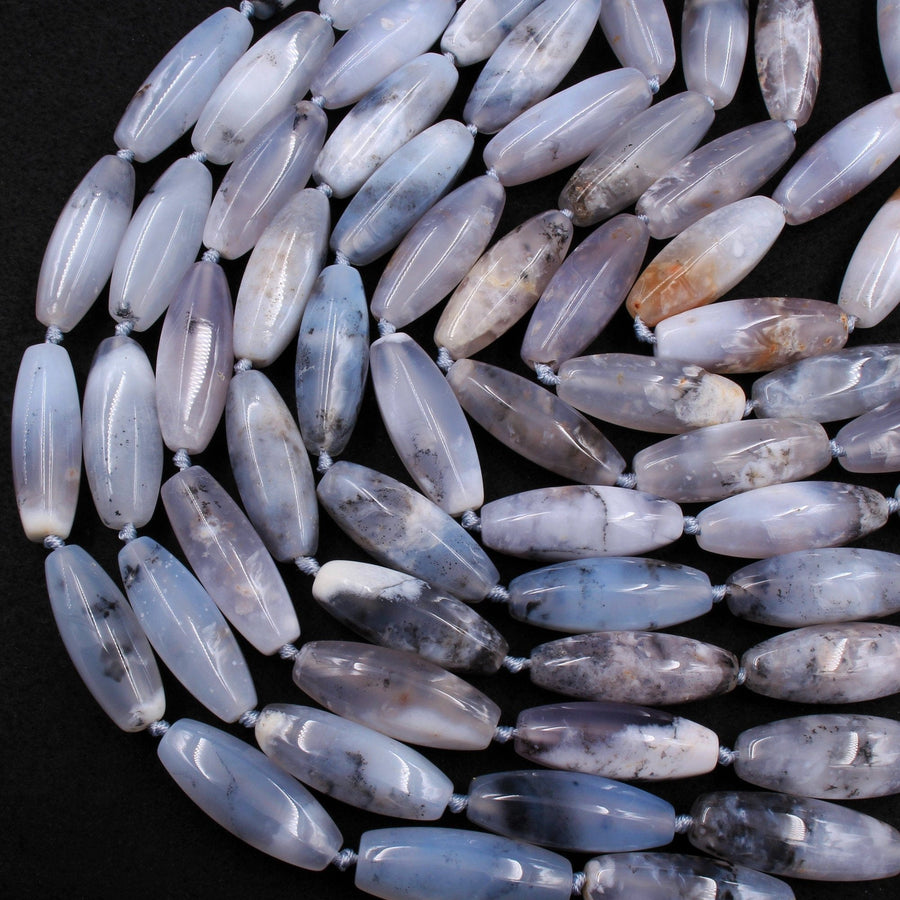Icy! Natural Blue Angel Chalcedony Beads Dendritic Pattern Long Drum Tube Cylinder Smoothly Faceted Beads Gemmy Clear Gemstone 16" Strand