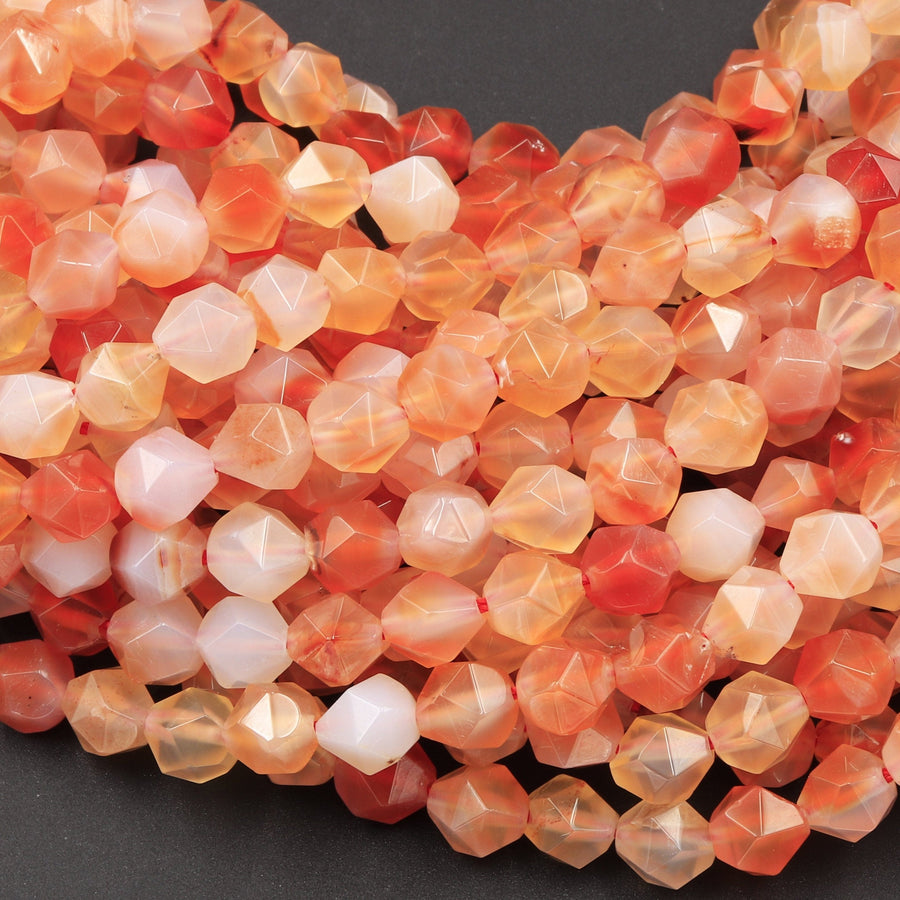 Star Cut Natural Carnelian Faceted 8mm Rounded Nugget Sharp Facets 15" Strand