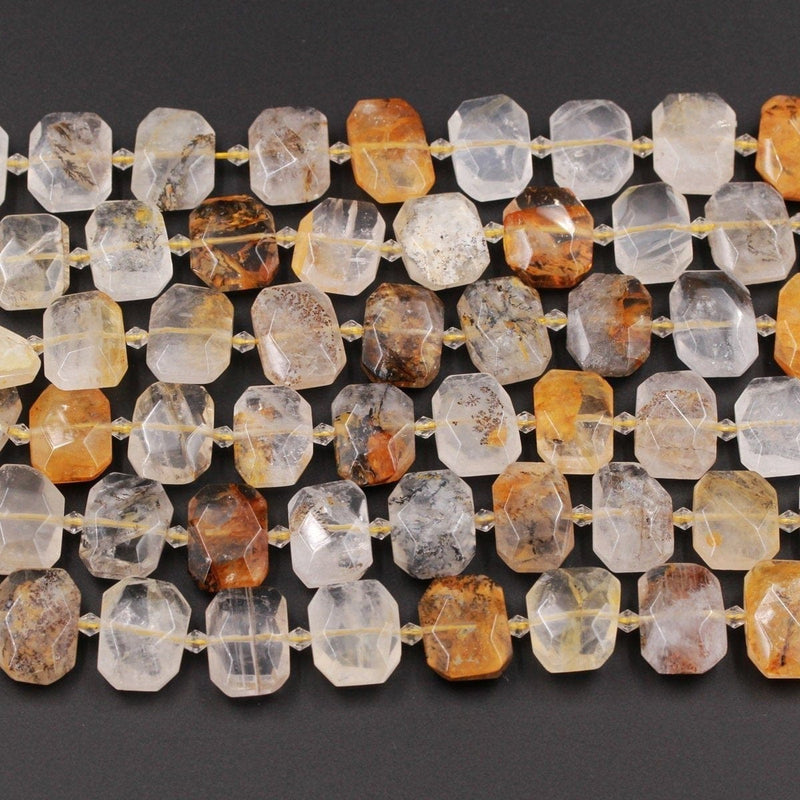Drilled Dendritic Quartz Beads Natural Golden Rock Crystal Chunky Faceted Slab Cushion Rectangle Nugget Slice Focal Pendant Beads 16" Strand