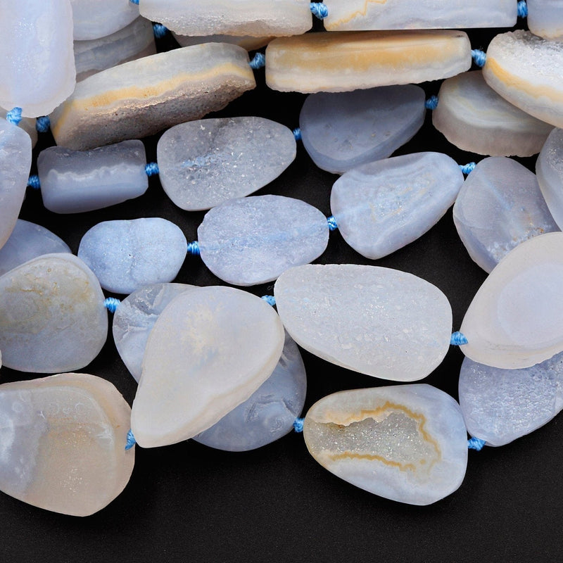 Rare Natural Blue Chalcedony Druzy Drusy Beads Hand Cut Oval Teardrop Vertically Drilled Sparkling Crystal Beads 16" Full Strand