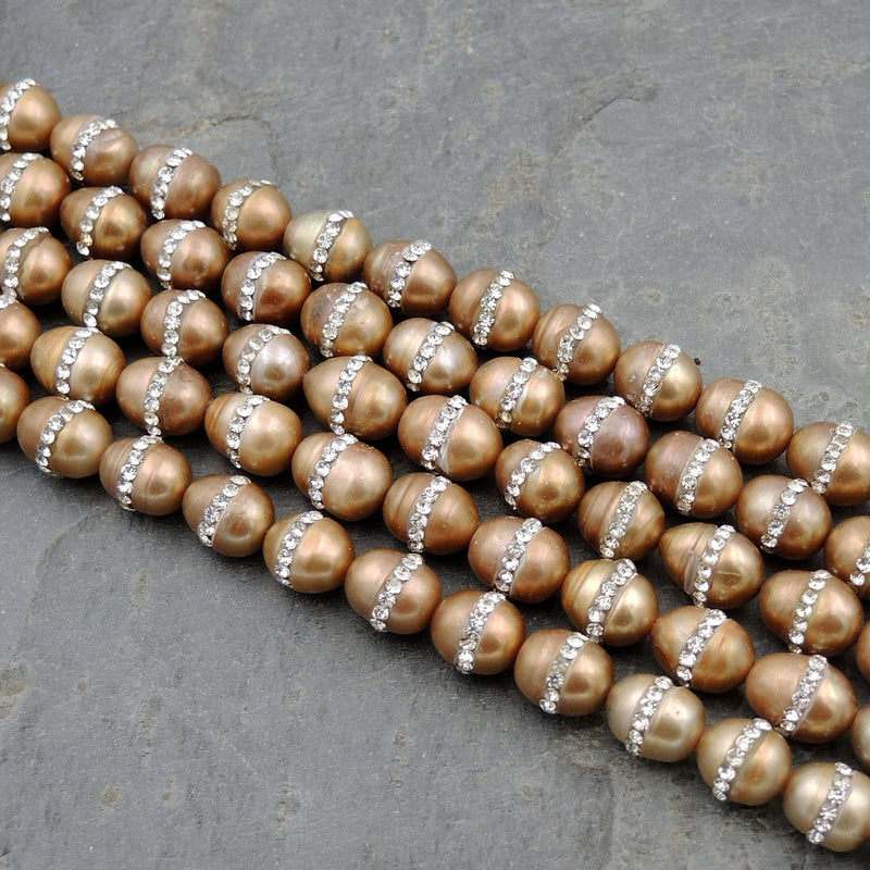 Genuine Freshwater Pearl 12mm Oval Potato Pearl Rhinestone Inlaid Shimmery Iridescent Golden Orange Champagne Mauve Purple Colors 16" Strand