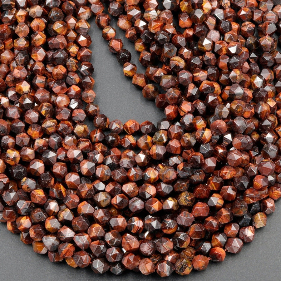 Star Cut Natural Red Tiger Eye Beads Faceted 8mm Rounded Nugget Sharp Facets 15" Strand