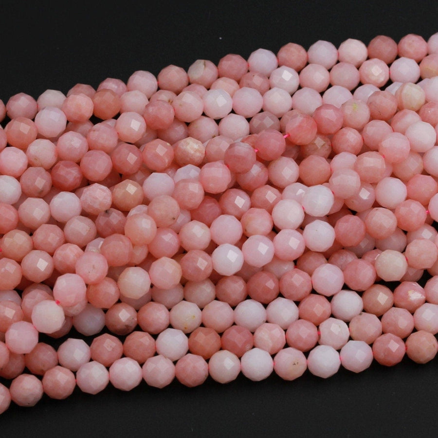 AAA Quality Micro Faceted Natural Peruvian Pink Opal 4mm 6mm 8mm Round Bead Large Sharp Facet Laser Diamond Cut Pink Gemstone 16" Strand