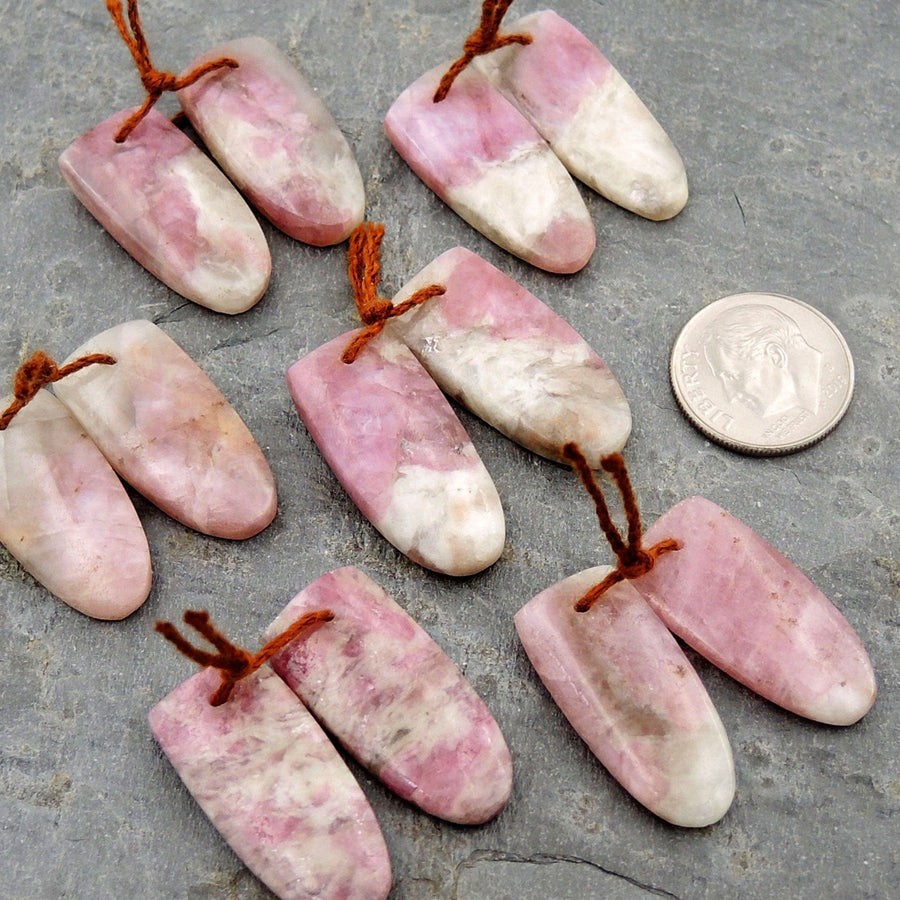 Natural Pink Tourmaline in Quartz Cabochon Cab Pair Drilled Matched Gemstone Earring Pair Bead Small Cute Shield Shape