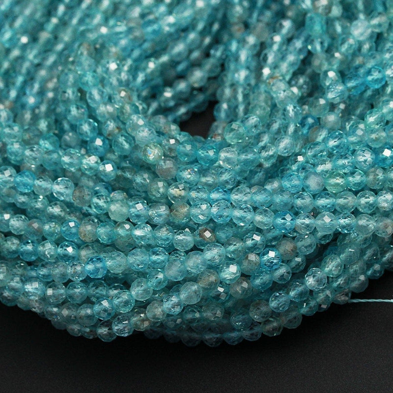 Micro Faceted AAA Tiny Small Natural Apatite Faceted Round Beads 2mm 3mm 4mm Faceted Round Beads Translucent Aqua Blue Gemstone 16" Strand