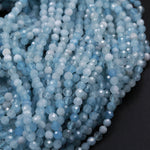 Micro Faceted Natural Aquamarine 3mm 4mm Faceted Round Beads Laser Diamond Cut Real Genuine Blue Aquamarine Gemstone 16" Strand
