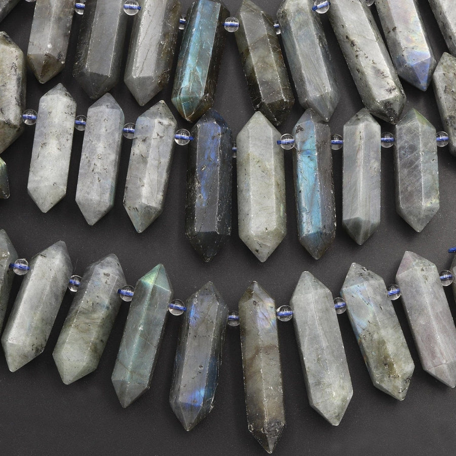 Natural Labradorite Beads Faceted Double Terminated Point Bullet Bicone Large Long Top Side Drilled Focal Labradorite Pendant 16" Strand