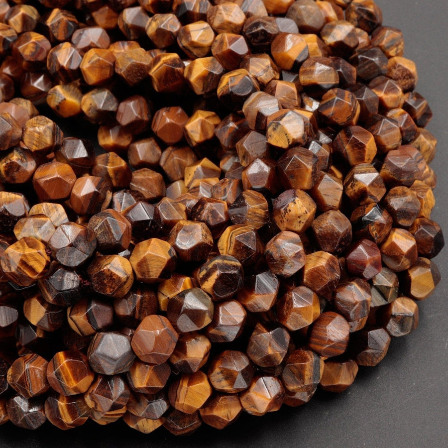 Star Cut Natural Tiger Eye Beads Faceted 6mm 8mm Rounded Nugget Sharp Facets 15" Strand