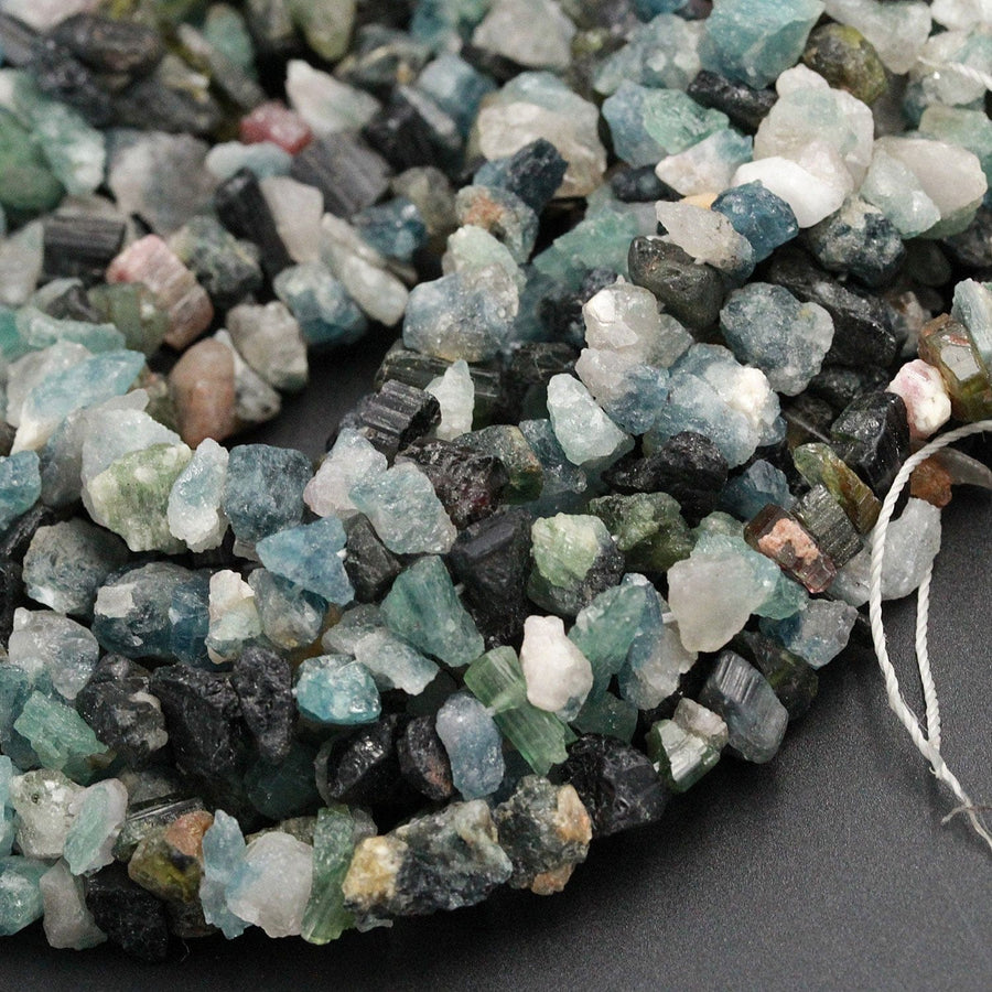 Rough Raw Multicolor Green Blue Tourmline Beads 8mm Freeform Center Drilled Chip Nuggets Organic Cut  Real Genuine Tourmaline 16" Strand