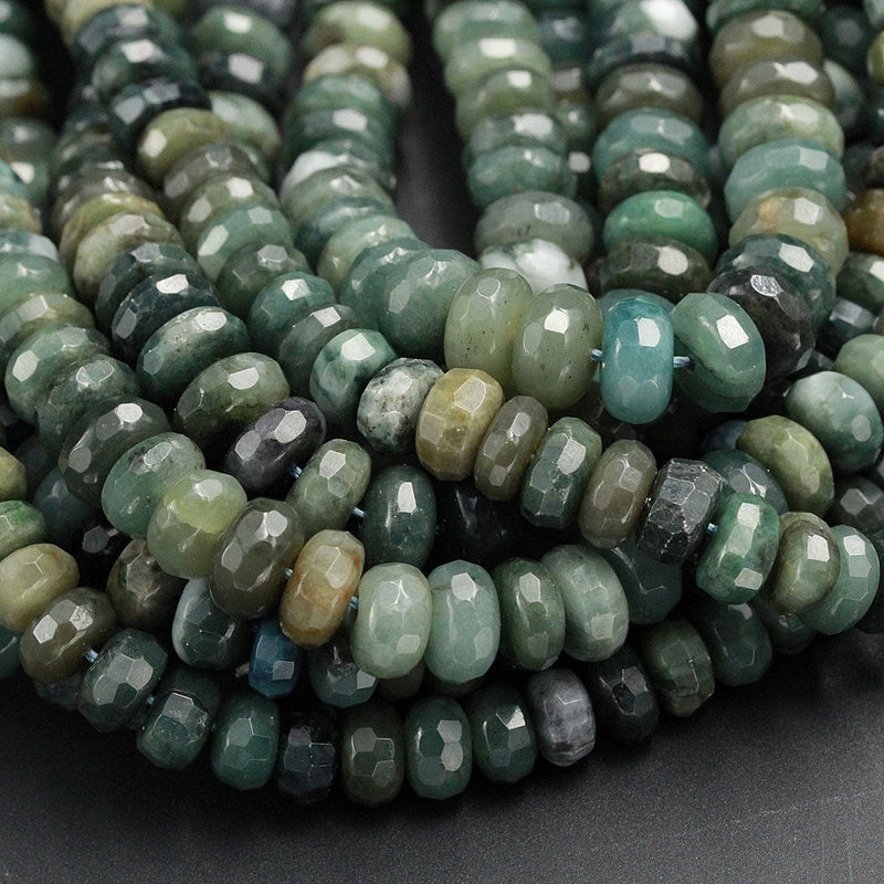 Deep Rich Green Natural Burmese Jade 7mm 8mm 10mm 12mm Faceted Rondelle Beads Large Center Drilled Disc Real Genuine Burma Jade 16" Strand