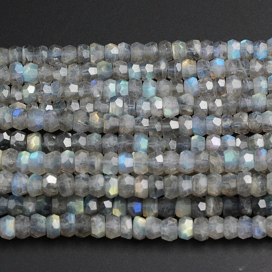 AAA Quality Flashy Natural Light Gray Labradorite Faceted Rondelle 8mm 10mm Beads Rainbow Flash Faceted Rondelle Beads 16" Strand Strand