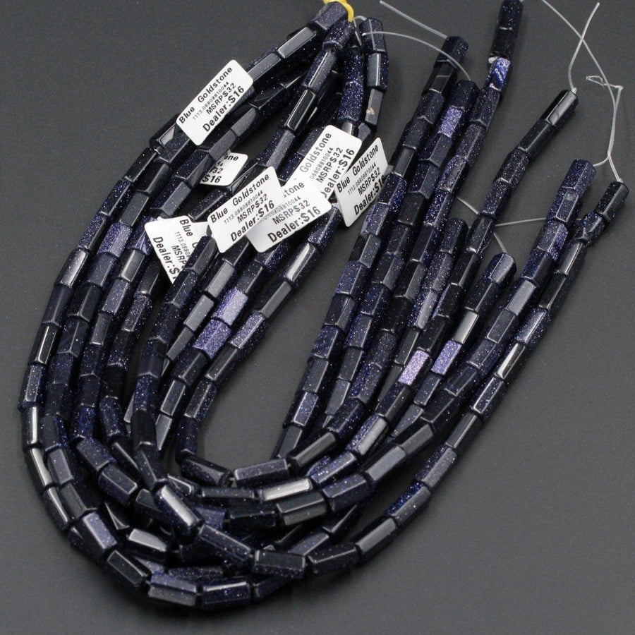 Sparkling Blue Goldstone 14x6mm 14x10mm Faceted Tube Beads Long Polished Tube Beads 16" Strand