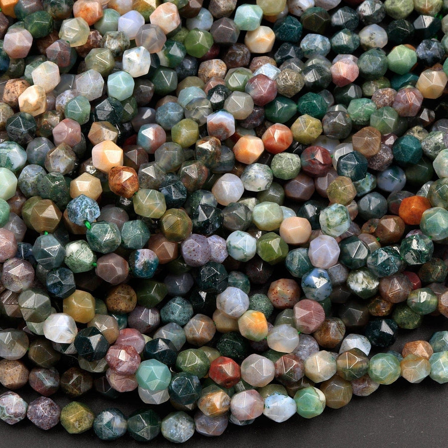 Star Cut Natural Indian Agate Beads Faceted 6mm 8mm Rounded Nugget Sharp Facets 15" Strand