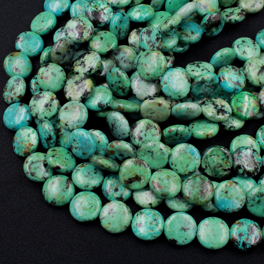 Natural African Turquoise 12mm Coin Beads Vibrant Blue Green Turquoise Untreated Gemstone 16" Strand