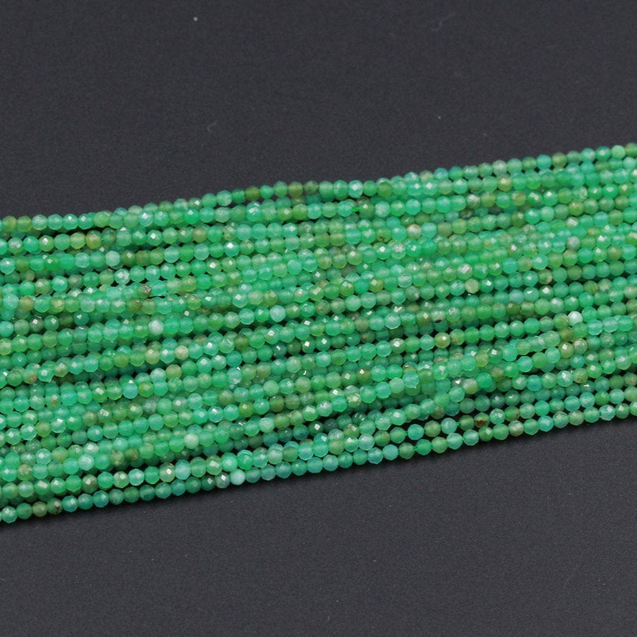 Micro Faceted Natural Australian Green Chrysoprase Faceted Round 2mm 2.5mm Beads Diamond Cut Gemstone Beads 16" Strand