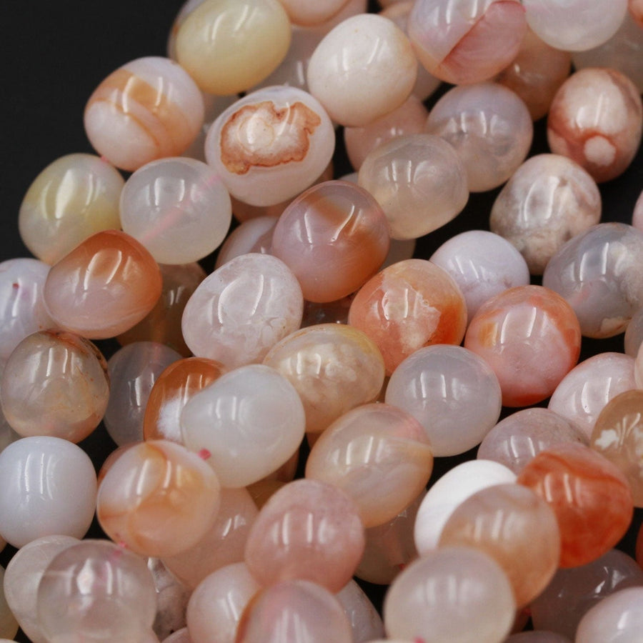 Natural Cherry Blossom Agate Beads Translucent Pink Peach Creamy White High Polish Rounded Freeform Nuggets 10mm 12mm Irregular 16" Strand
